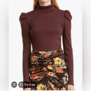 Veronica Beard 'Cedar' Brown Cotton Blend Puff-Sleeve Turtleneck Size XS